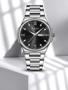 Detailed view of TOMI men's silver quartz watch with black sunburst dial and markers