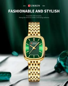 Detail of CURREN 9093 women's square watch in gold-tone with a textured green dial