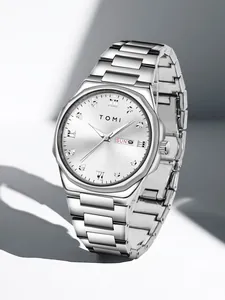 Macro view of Tomi men's silver quartz watch featuring sunray dial and diamond markers