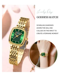 Detail view of gold CURREN women's watch with green square dial and sparkling diamond accents