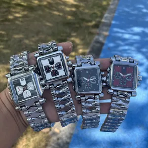 Montre à quartz carrée pour homme avec bracelet unique en acier inoxydable style balle et 6 aiguilles