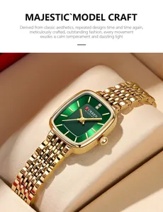 Elegant gold square women's watch by CURREN with a deep green sunray dial and link strap