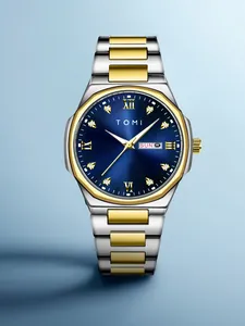 Detailed view of Tomi men business watch featuring a blue sunray dial and gold-tone band.