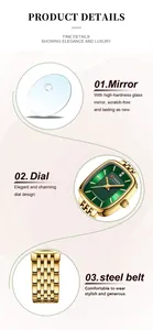 Detailed view of CURREN 9093 square women's watch glass, dial and steel belt.