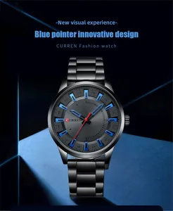 Vue détaillée de la montre homme CURREN 8406 avec aiguilles bleues et cadran 3D innovant