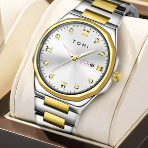 Men Business Stainless Steel Quartz Watch Rhinestone Luminous Hands Calendar Day Date Display Luxury Fashion Wristwatch