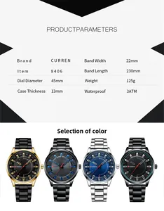 Spécifications détaillées et options de couleur pour la montre CURREN 8406 en acier