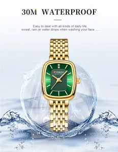 Close-up of CURREN gold women's square watch with 30M daily waterproof feature