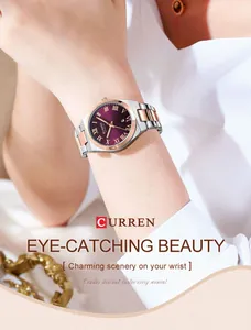 Close-up of CURREN women's quartz watch with purple dial and Roman numerals on wrist