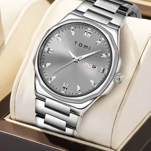 Elegant TOMI silver business quartz watch with diamond markers and day-date display