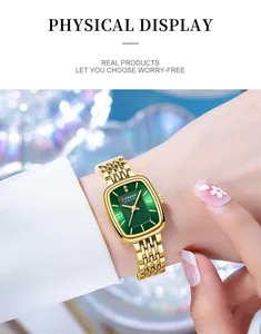 Elegant CURREN gold square watch with green dial shown on a woman's wrist with white sleeve.
