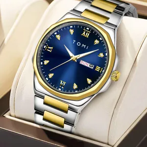 TOMI men's two-tone quartz watch with blue sunray dial and diamond markers