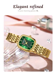 Elegant CURREN gold square watch with green dial on a shell-textured glass tray