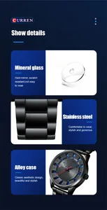 Détails de la montre homme Curren 8406 montrant le verre minéral et le bracelet acier.