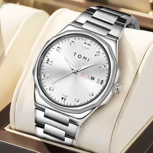 Elegant silver TOMI business quartz watch for men featuring diamond dial and date display
