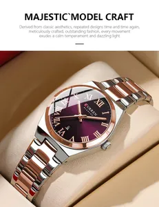 CURREN 9095 stylish women's quartz watch with purple dial and rose gold strap.