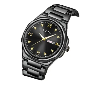 TOMI minimalist men's quartz watch with diamond markers and black sunburst dial