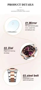 Close-up details of CURREN 9095 women's watch showing glass mirror, dial, and steel belt.