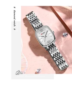 Detailed view of CURREN 9093 women's silver square watch with diamond accents