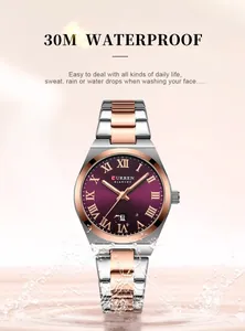 Close-up of CURREN 9095 women's waterproof watch with a purple Roman numeral dial.