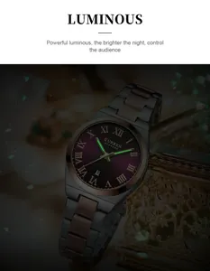 Detailed macro view of CURREN women's watch with luminous hands and Roman numerals.