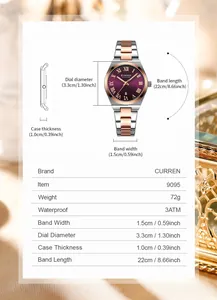 Dimensions and technical specifications chart for CURREN 9095 women's quartz watch