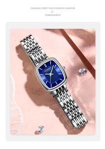 Elegant CURREN 9093 women's square watch featuring a deep blue dial and silver metal strap