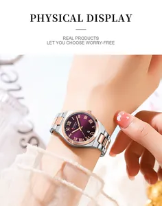 Close-up of CURREN 9095 elegant women's watch with Roman numerals on a model's wrist.