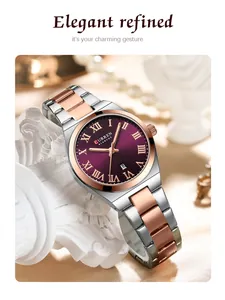 Close-up of CURREN women's watch with purple Roman numeral dial and date
