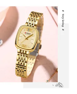 Detailed side view of CURREN 9093 gold square ladies watch with premium metal link bracelet