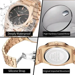 Montre à quartz octogonale luxe pour homme en or rose avec cadran noir et design étanche