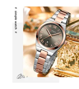 Detail shot of CURREN 9095 women's quartz watch with Roman numeral dial and date display