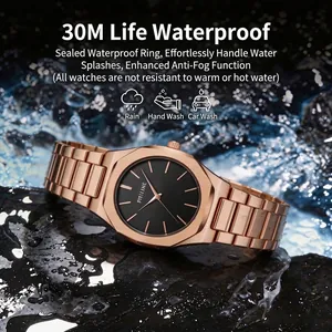 Montre à quartz octogonale luxe pour homme en or rose avec cadran noir et bracelet acier