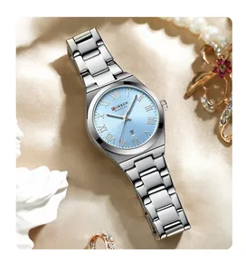 Elegant silver women's watch with light blue dial, Roman numerals and date window