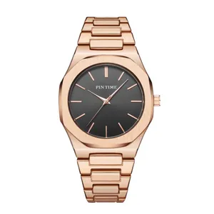 Montre à quartz octogonale luxe pour homme avec bracelet en acier or rose et cadran noir
