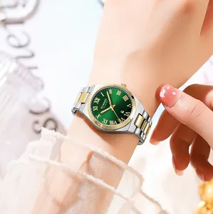 Detailed view of CURREN 9095 women's watch with green dial and gold-silver metal band