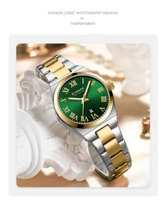 Close-up of CURREN women's watch with green Roman dial and two-tone gold bracelet