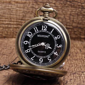 Classic vintage bronze quartz pocket watch featuring black dial and white numerals