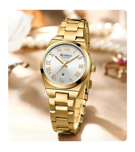 Elegant gold CURREN women's quartz watch with Roman numerals and date display detail