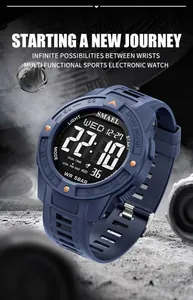 Close-up of SMAEL blue rugged digital sports watch with LED display and 5BAR water resistance