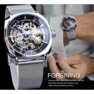 Luxuriöse Forsining Automatik-Skelettuhr mit silbernem Mesh-Armband und blauen Zeigern