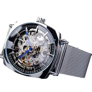 Forsining Herren Skelett Automatik-Mechanikuhr mit silbernem Mesh-Band und blauen Zeigern