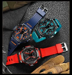 Detailed macro view of SMAEL sports watches featuring red, blue and cyan straps.