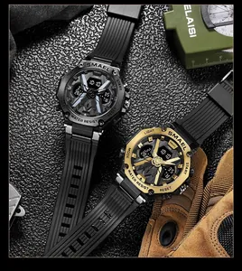Detailed shot of SMAEL dual-display waterproof sports watches in black and gold colorways.
