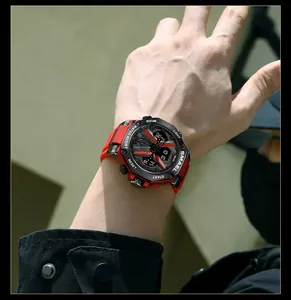 Detail view of SMAEL men's sports watch with red strap and dual time display