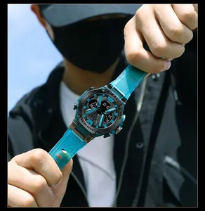Close-up of SMAEL men's sports watch featuring a blue translucent strap and dual display