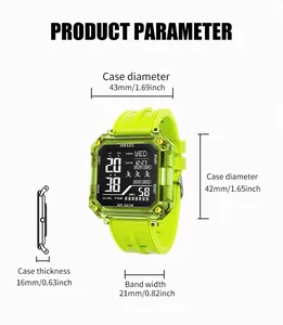 Spécifications détaillées de la montre de sport numérique carrée SMAEL en vert lime