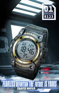 SMAEL rugged digital sports watch featuring a waterproof black and gold multifunctional design