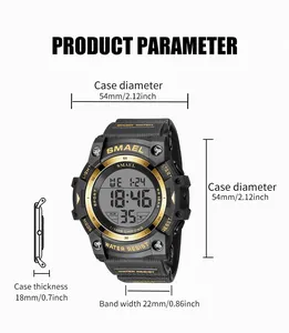 Detailed technical parameters for SMAEL waterproof digital sports watch with dimensions