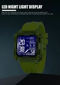 Détail de la montre numérique verte SMAEL avec écran LED rétroéclairé pour la nuit